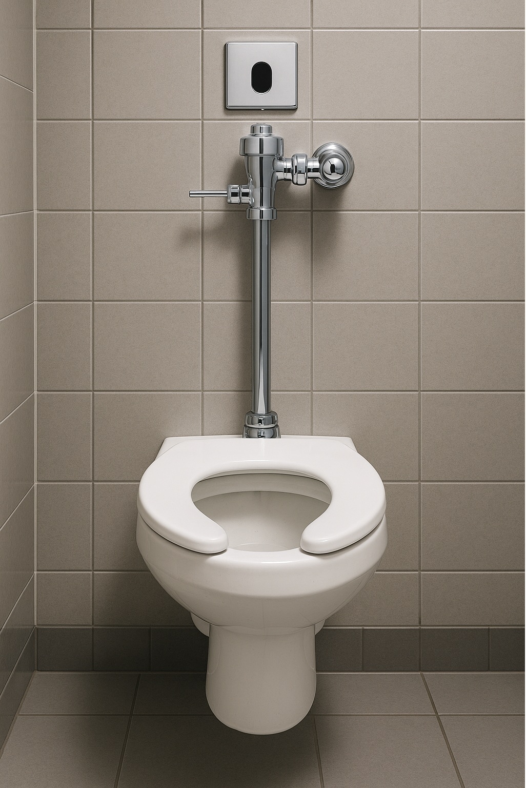 Chromed sensor toilet flush valve installed above wall-hung toilet in commercial restroom